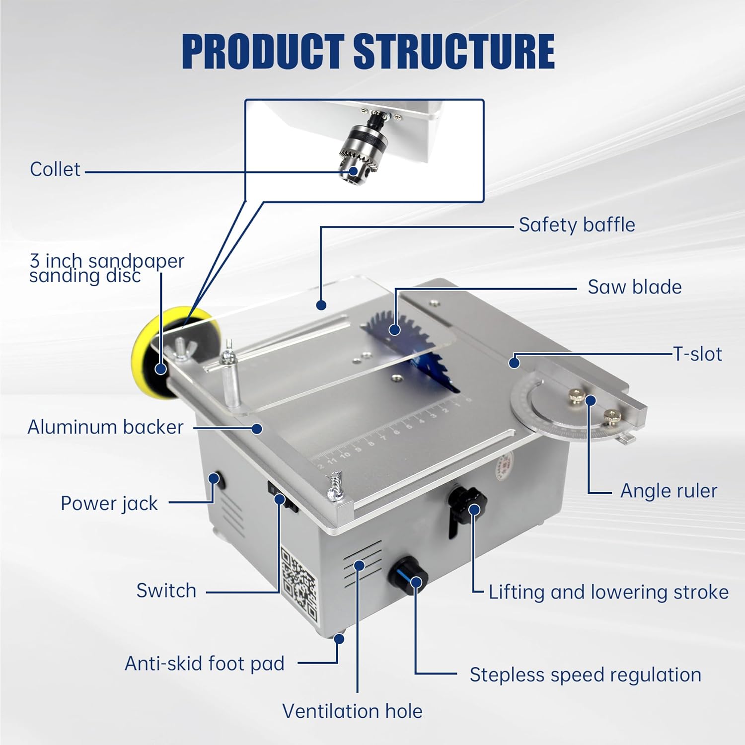 RATTMMOTOR Portable Multifunction Mini Table Saw 120W 10000RPM, 795 Motor for Cutting, 775 Motor for sanding, Infinitely Variable Speed Control for Wood Plastic PCB PVC Acrylic Aluminum Copper Cutting
