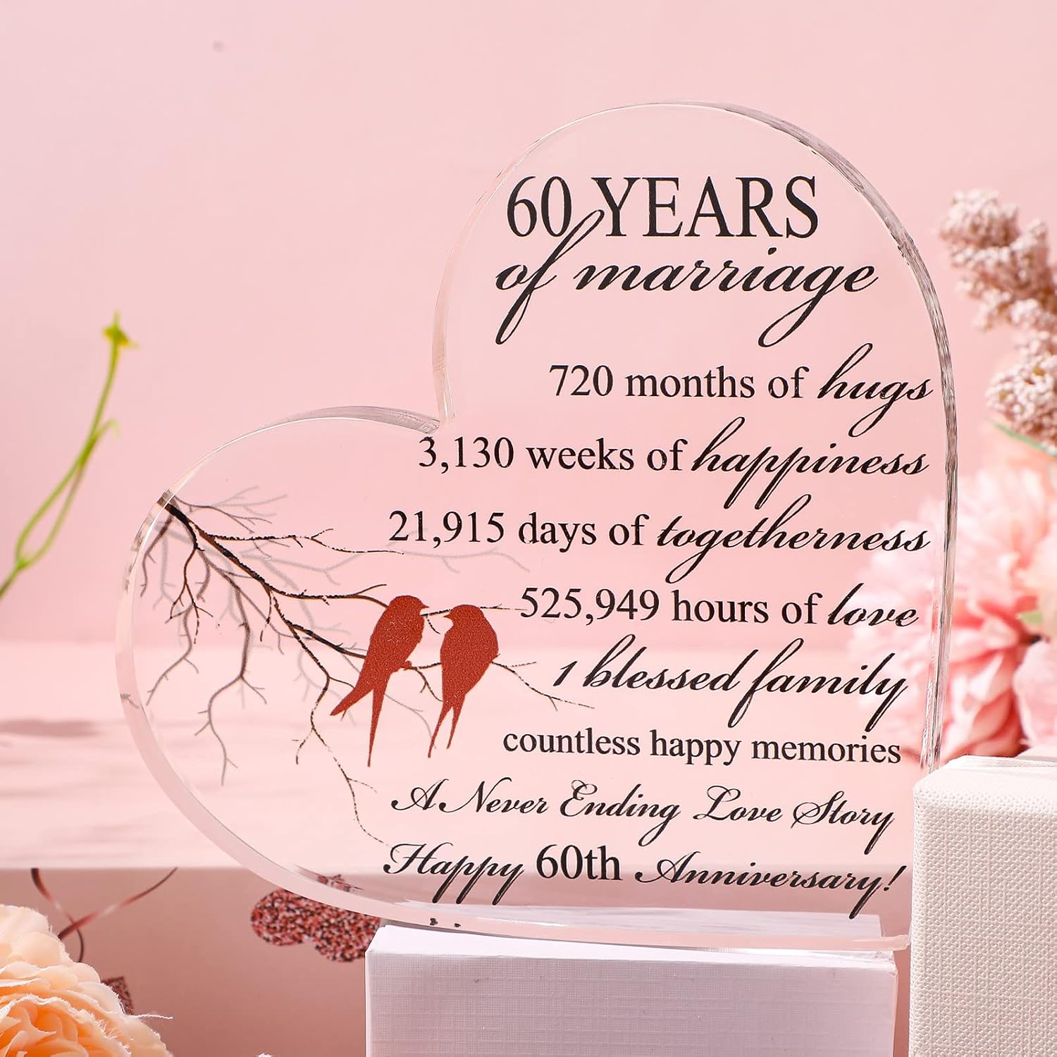 Qunclay 60th Years of Marriage Gift Wedding Anniversary Souvenir Heart Marriage Keepsake Decoration Present for Couple Parent Women Mom Husband Wife He She Friend Grandparents image 4
