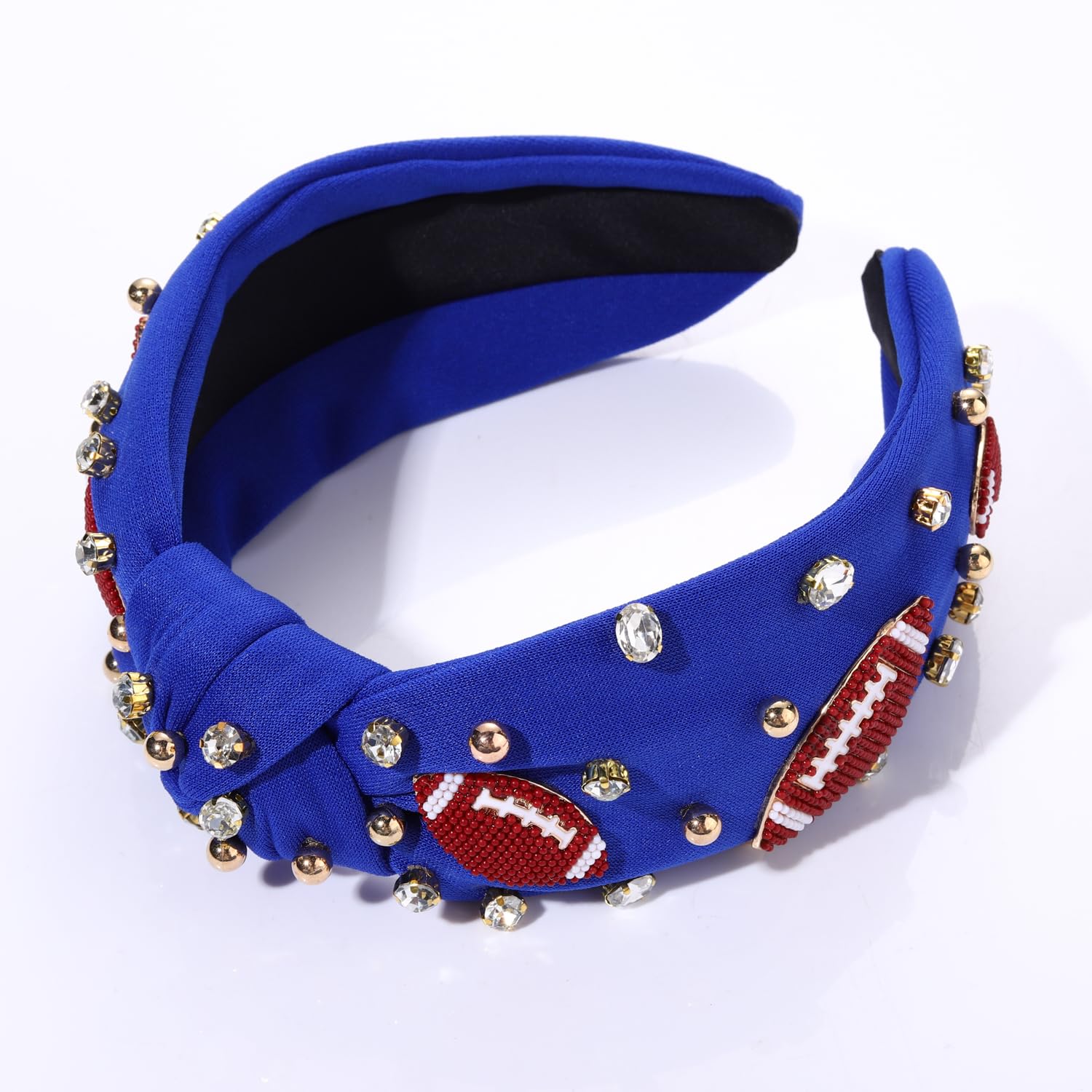 Football Headband for Women Football Accessories Beaded Football Rhinestone Crystal Knotted Headband Jeweled Embellished Game Day Top Knot Hairband Football Mom Hair Accessories (B-Navy Blue) - Image 2