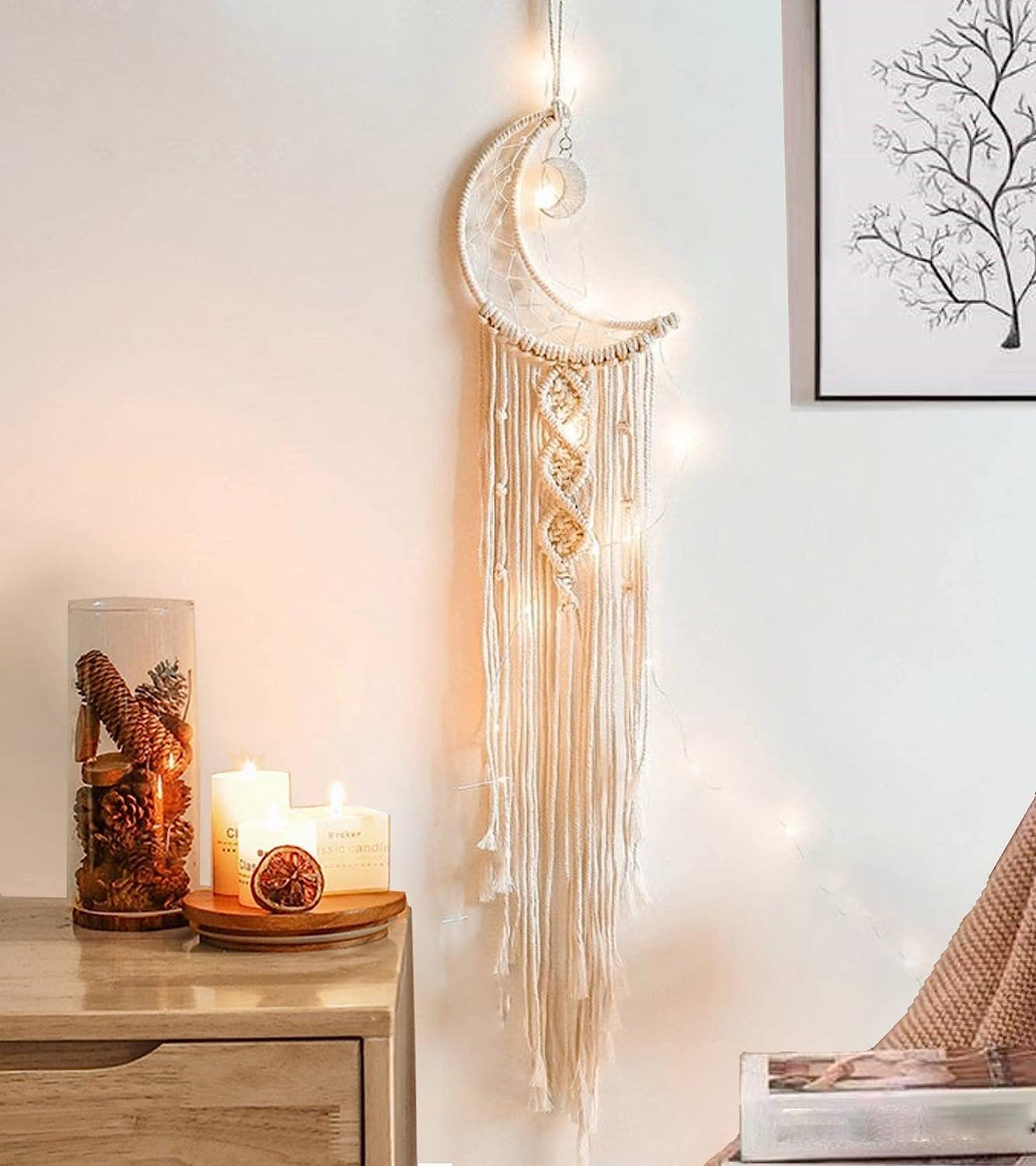 Acchiappasogni Luna Boho Con Luci LED - Decorazione Parete Mano, Regalo Per Camera Letto - Foto 3