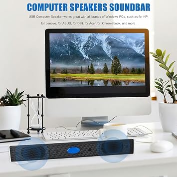 USB Computer/Laptop Speaker with Stereo Sound & Bass, Portable Mini Sound Bar for Windows PCs, Desktop Computer and Laptops