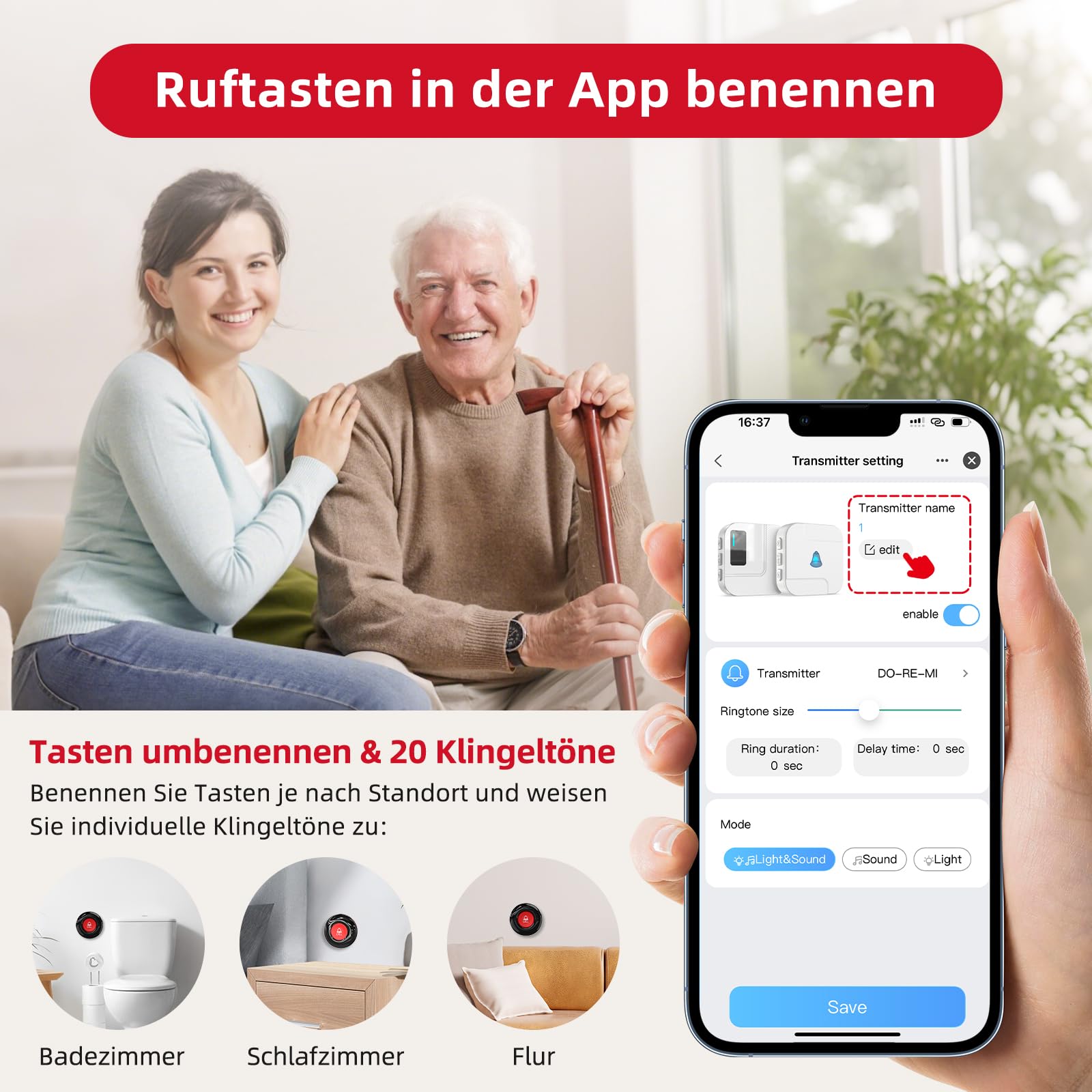 CallToU WiFi Tuya Smart Notfallknopf für Senioren,tragbares Notfallarmband Notrufknopf für Senioren,Hausnotruf mit 1 Notfallknopf,1 Armband,1 Empfänger für Senioren,Behinderte,Kinder