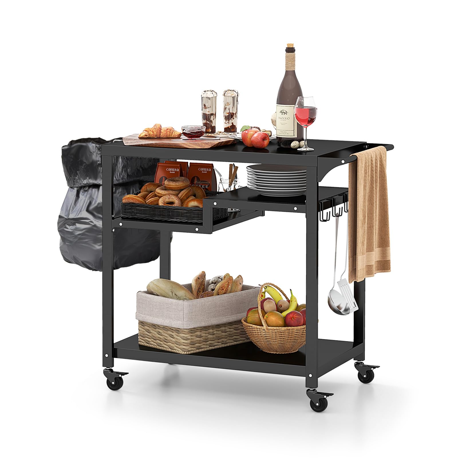 GYMAX Carrello da Barbecue per Esterno, Carrello BBQ Mobile con Ripiani, Ganci, Tavolo Multifunzionale con Ruote Bloccabili e Maniglia Laterale