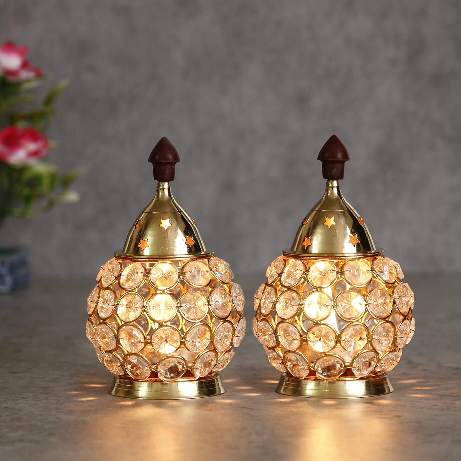 Golden Brass and Crystal Akhand Diya for Puja – , Navratri – Brass Diya for Pooja Room, Home Temple Decor – Diwali Decoration Item for Home Decor Set of (2) Golden Brass and Crystal Akhand Diya for Puja – , Navratri – Brass Diya for Pooja Room, Home Temple Decor – Diwali Decoration Item for Home Decor Set of (2)