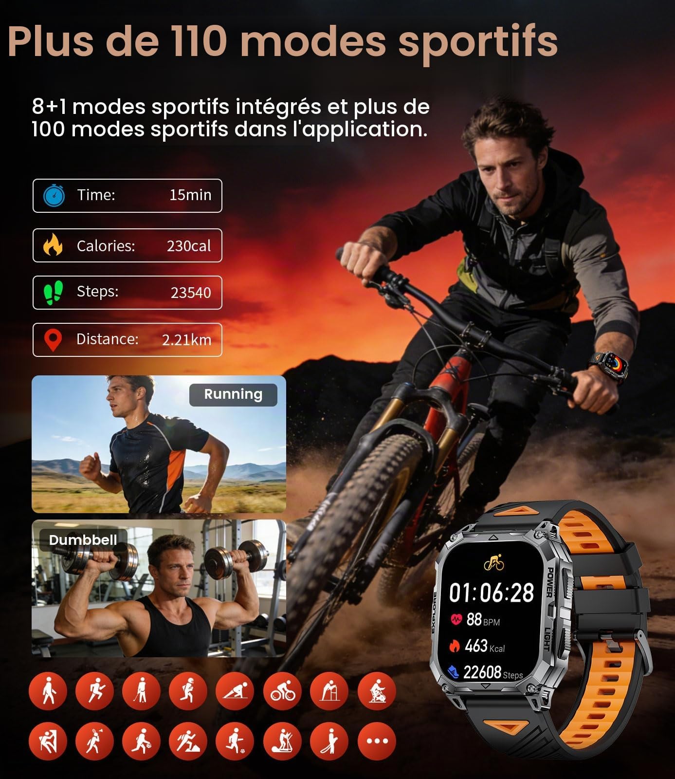 Montre Connectée Homme Militaire, 2.01" HD Grand Écran Smartwatch avec Appel/Torche LED/Batterie 900mAh/Fitness Tracker/100+ Modes Sportifs, 2 Câbles, IP68 Étanche pour Android iOS, Noir-orange