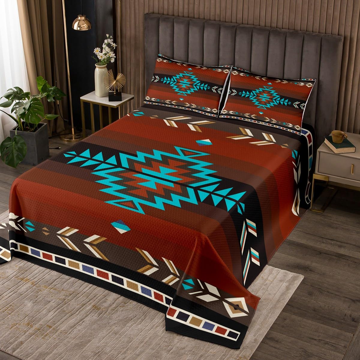 jejeloiu Southwest Native Bedspread for Kids Boys Girls Southwestern Geometric Coverlet Set King Size Tribal Quilted Coverlet Bedroom Decor Breathable Soft Lightweight Microfiber Orange Teal 3Pcs
