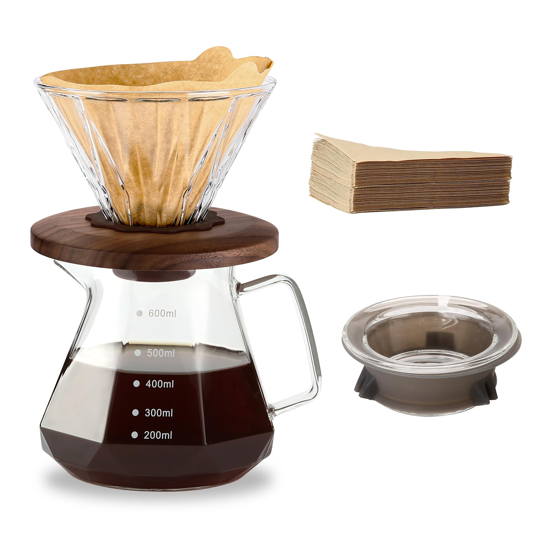 Pour Over Kaffeebereiter, 600 ml Borosilikatglas-Karaffe mit 100 Stück Papierfilter Größe 02, Walnuss-Griff und Glasdeckel, transparent