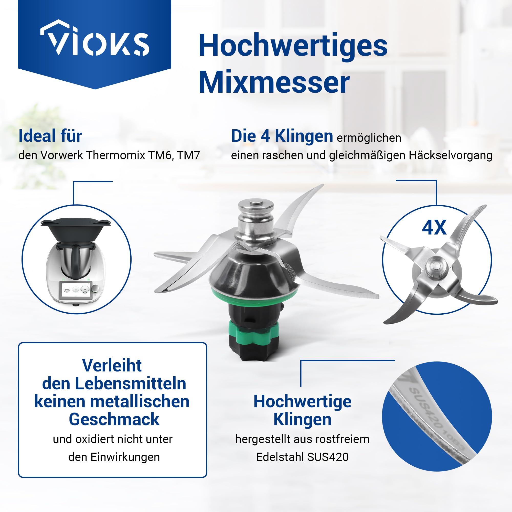 VIOKS Alternatif Couteau compatible avec Thеrmomix TM6 | Couteau de rechange couteau mixeur, en acier inoxydable SUS420, avec 4 lames, pour robot de cuisine