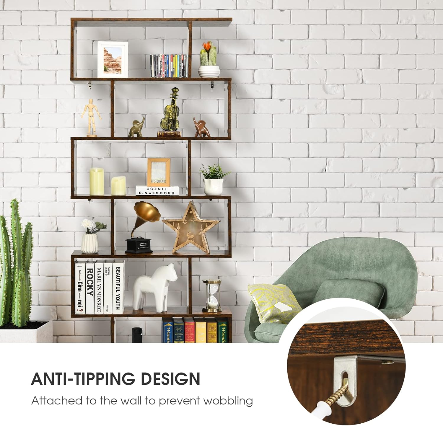 Giantex Geometric Bookcase Rustic, S-Shaped Wooden Bookshelf, 6-Tier Modern Freestanding Decorative Storage Display Shelves for Bedroom, Living Room