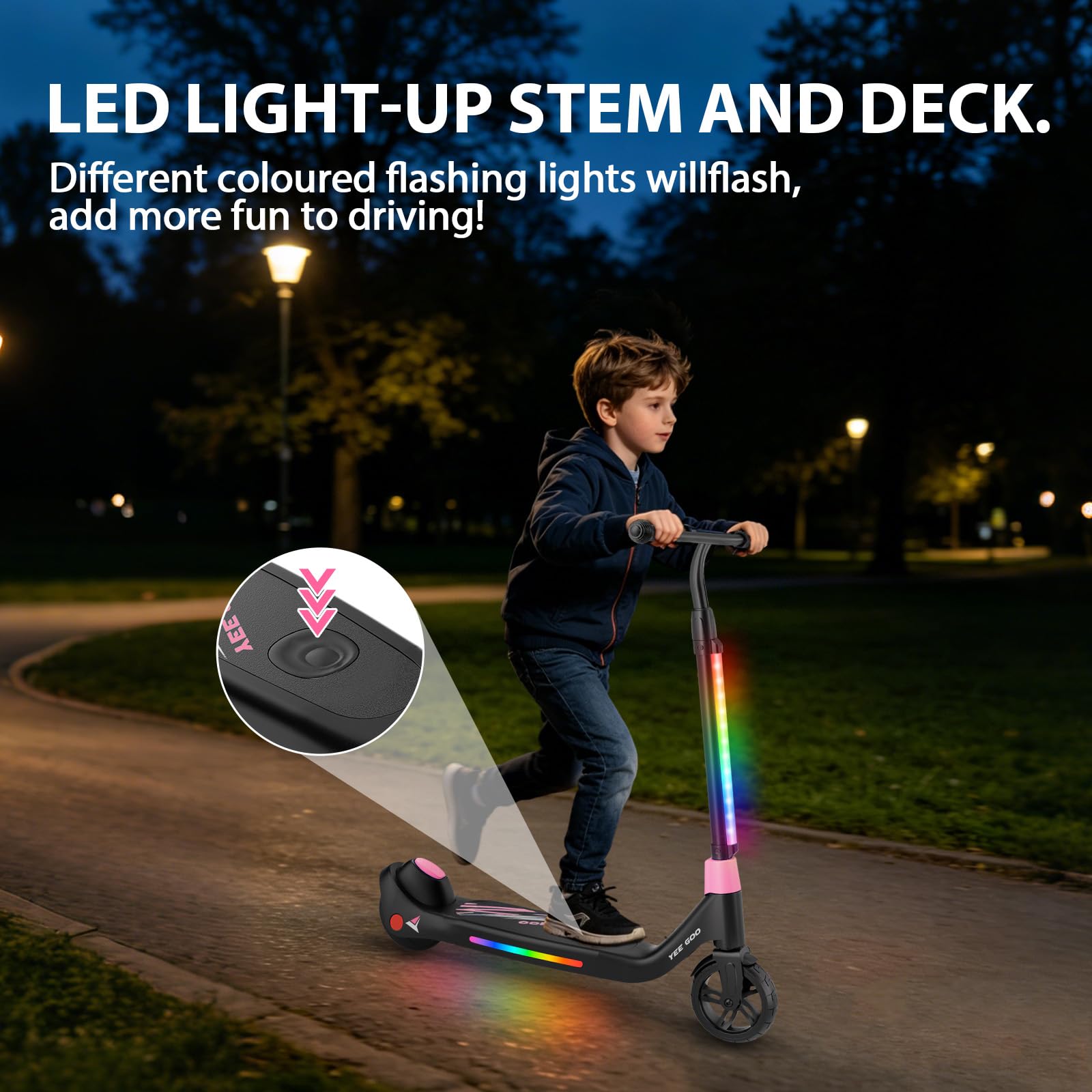 Trottinette Electrique Enfant - pour Enfants 5-12 | Max 8 km/h - Réglable en Hauteur | Commande à pédale | Lumières LED Colorées | Frein à Pied | Légère.