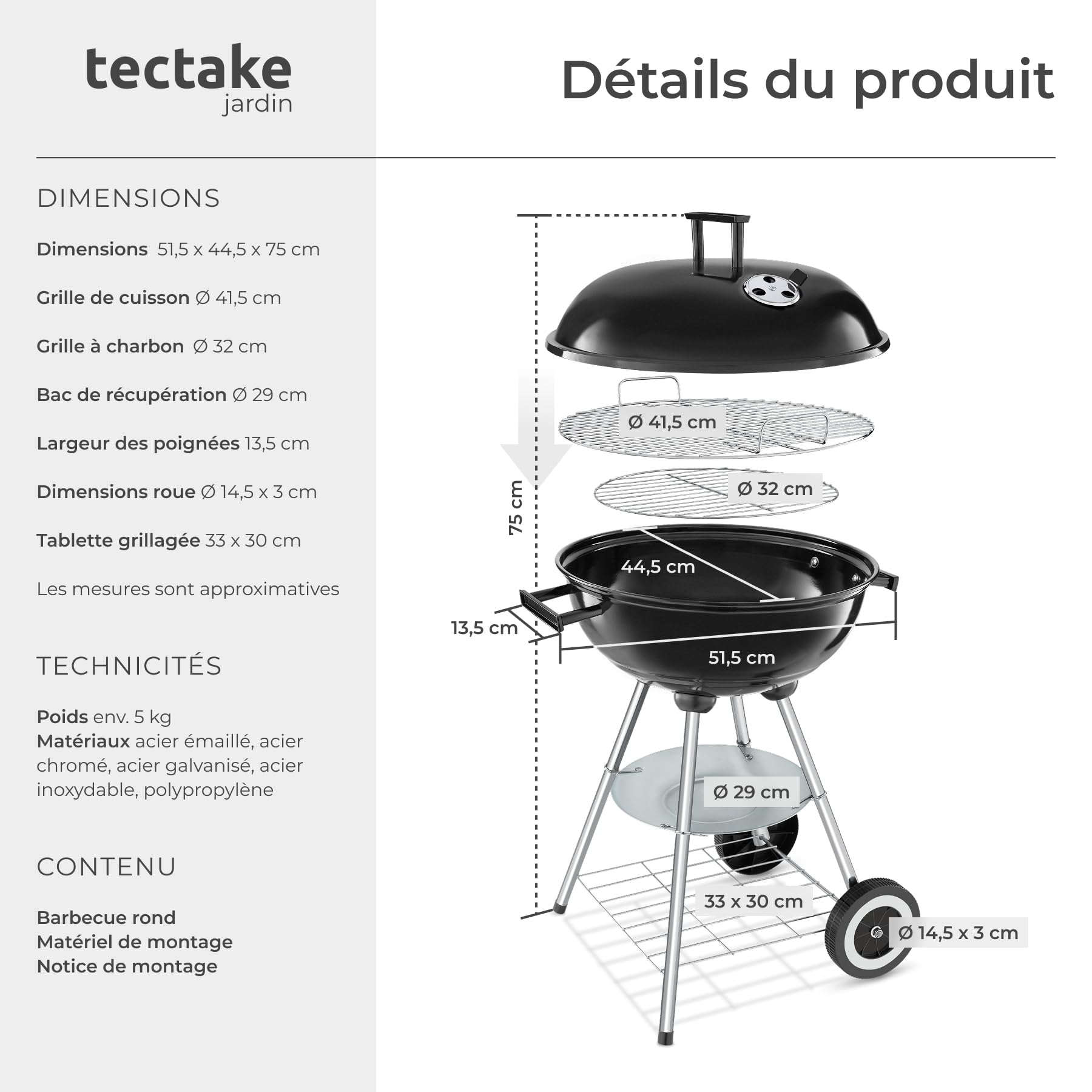 tectake® Barbecue rond Ø 41,5 cm, Grande grille de cuisson, Grille à charbon, Réglage de l'arrivée d'air, Bac de récupération amovible, Poignées latérales, 2 roues, Barbecue à charbon portable