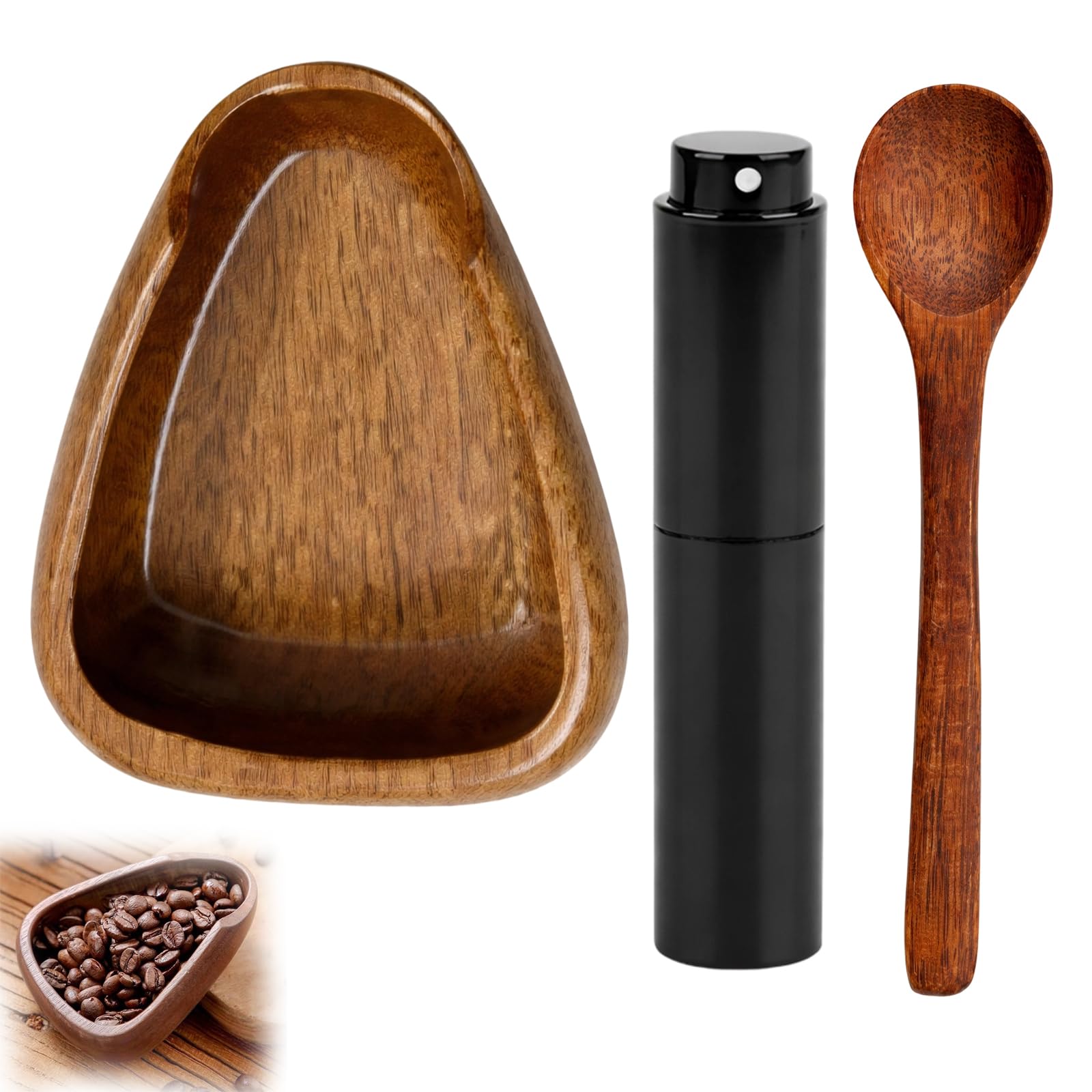 3PCS Coffee Bean Dosing Cup Set with Woods Tray, Precise Coffee Dosing Before Grinding, Wood Coffee Bean Scoop Scale with 9cm Wood Spoon and Black Dispensing Bottle for Coffee Lovers Gift