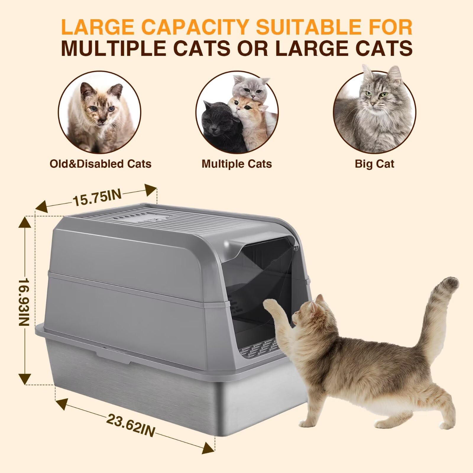 FoxFocus Stainless Steel Litter Box with Lid, Enclosed Extra Large Cat Litter Box for Big Cats and Multiples with Mat & Scoop - Non-Stick, Easy Cleaning, Anti-Leakage Covered Cat Litter Boxes (Gray)