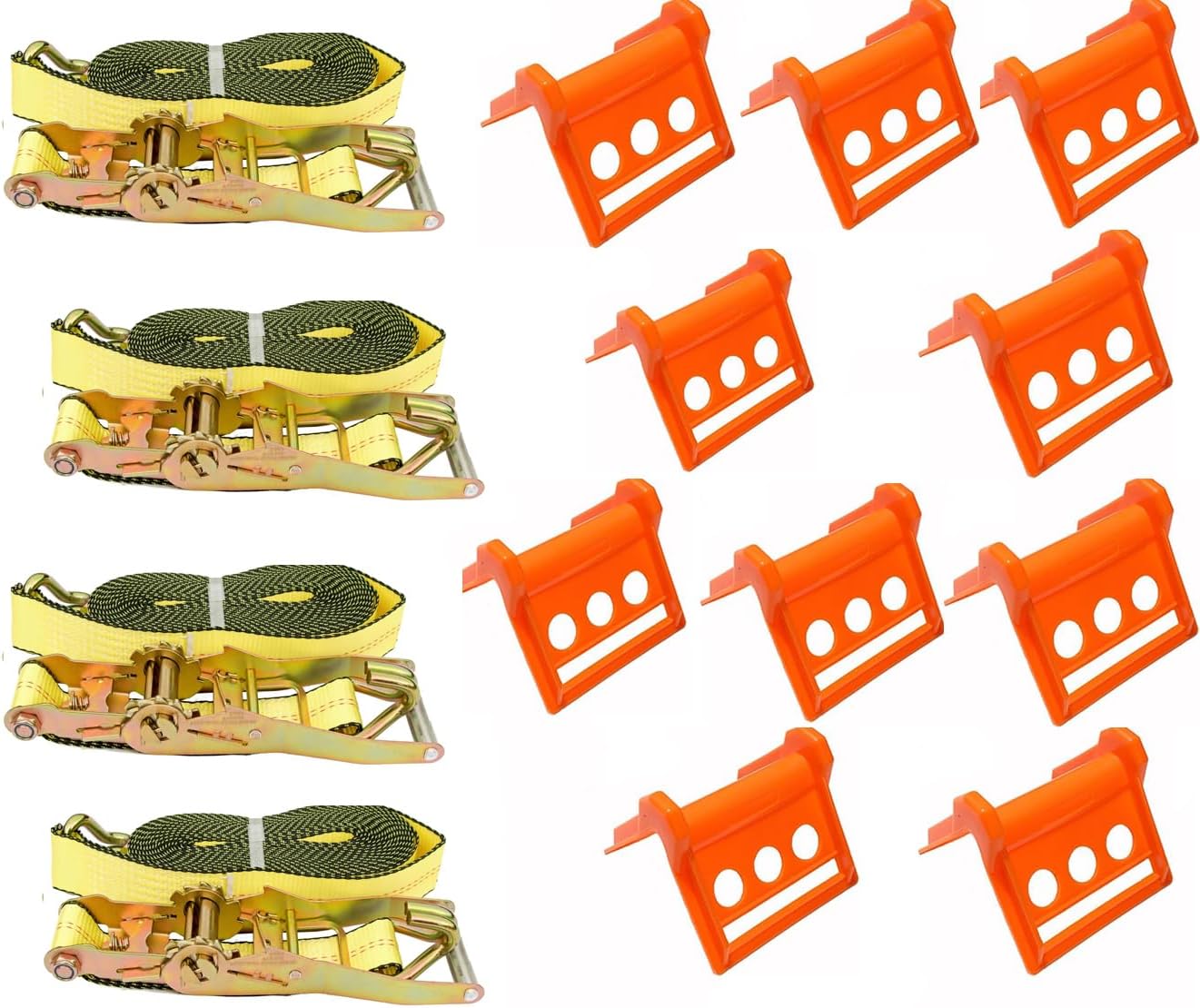 Ultimate Cargo Protection Bundle: 2" x 30' J Hook Straps with Ratchet (4 Pack) + Plastic Tie Down Protectors (10 Pack)