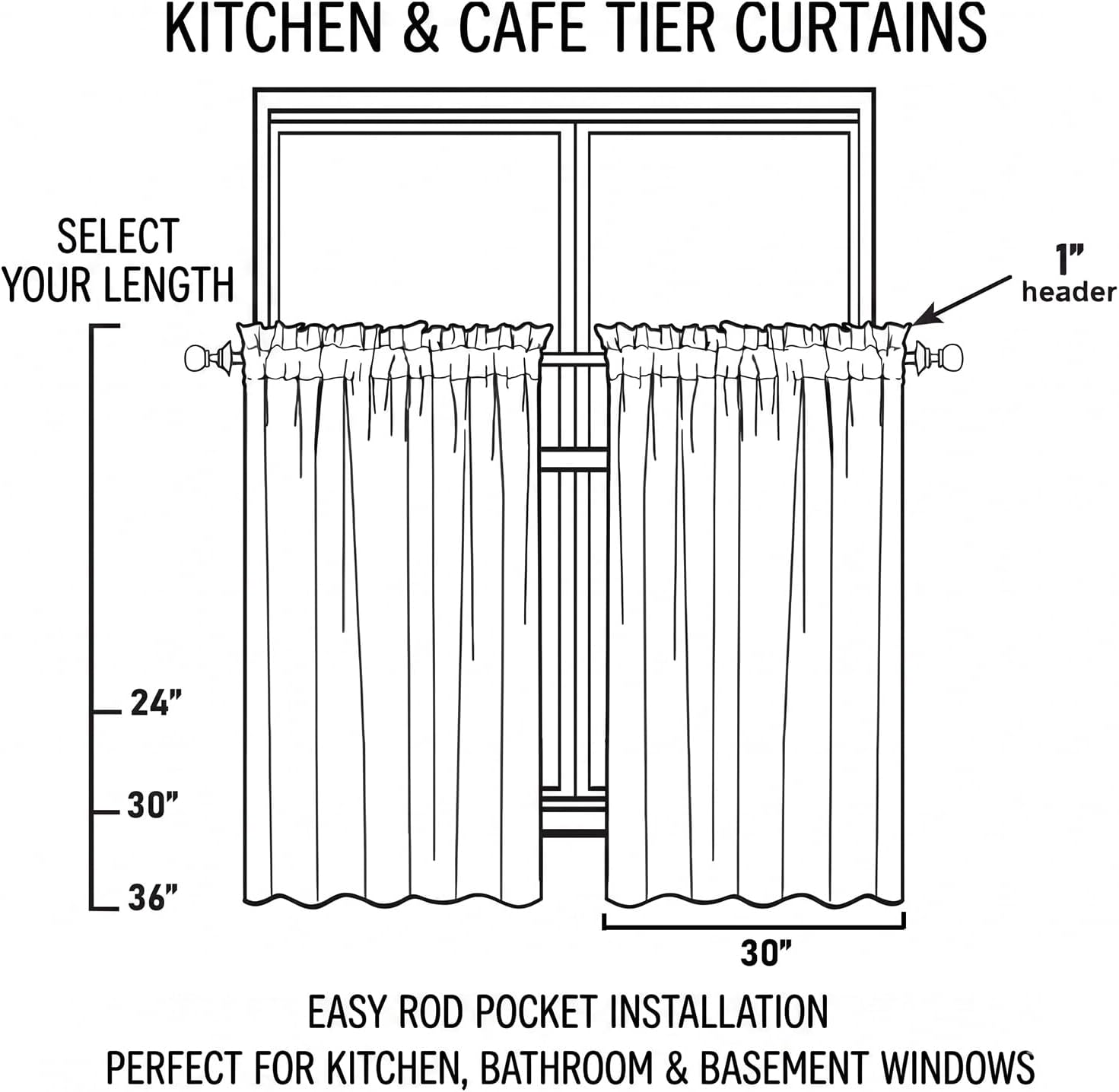 VOGOL Tier Curtains 30 Inch Length, Light Filtering Kitchen Cafe Short Tiers, Blue and White Plaid Pattern Printed, Small Window Treatments, Rod Pocket, Set of 2 Panels