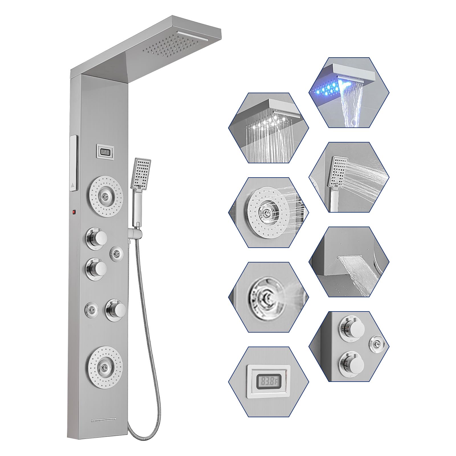 BWE 6 in 1 Shower Panel Tower System with LED Lights &amp; Temp Display