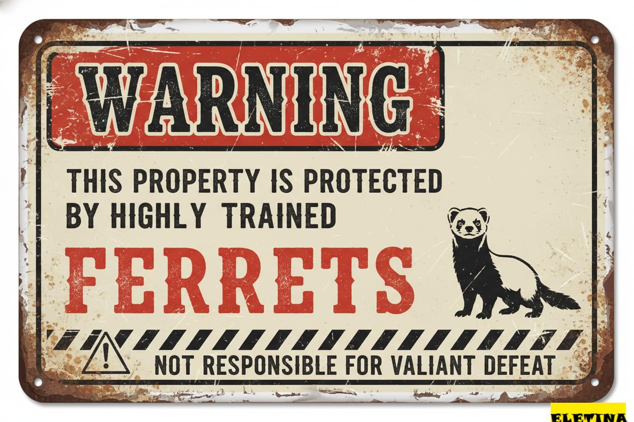 Vintage Metal Tin Sign for Man Cave Warning This Property Is Protected By A Highly Trained Ferrets Adt Security S Yard Outdoor Halloween Decorations 8x12in Private Decorative