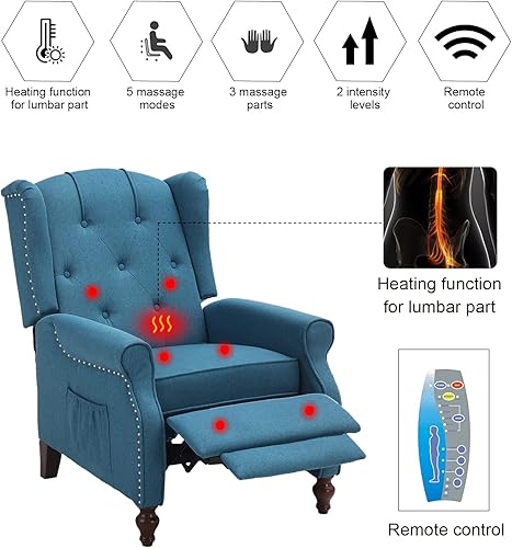 Miniatura 48 de Silla reclinable de masaje con respaldo de alas con calor, sillón de tela copetudo, sillón reclinable con respaldo a distancia y respaldo ajustable
