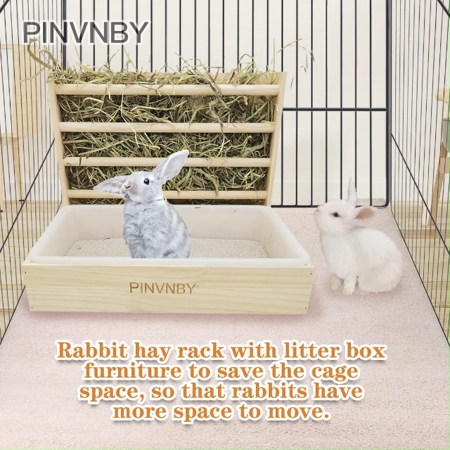 Hay Rack With Litter Pan 2-in-1 Wooden Rabbit Hay Feeder With Litter ...
