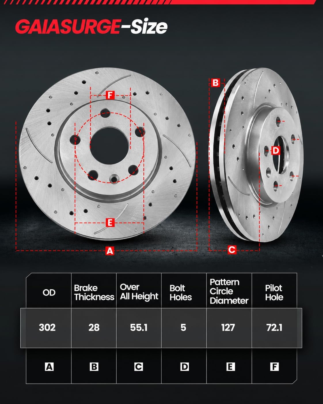 Front Brake Kit, Drilled & Slotted Brake Rotors and Pads Compatible with 2007-2017 Jeep Wrangler, 2018 JK, 302mm(11.9in) Brake Disc
