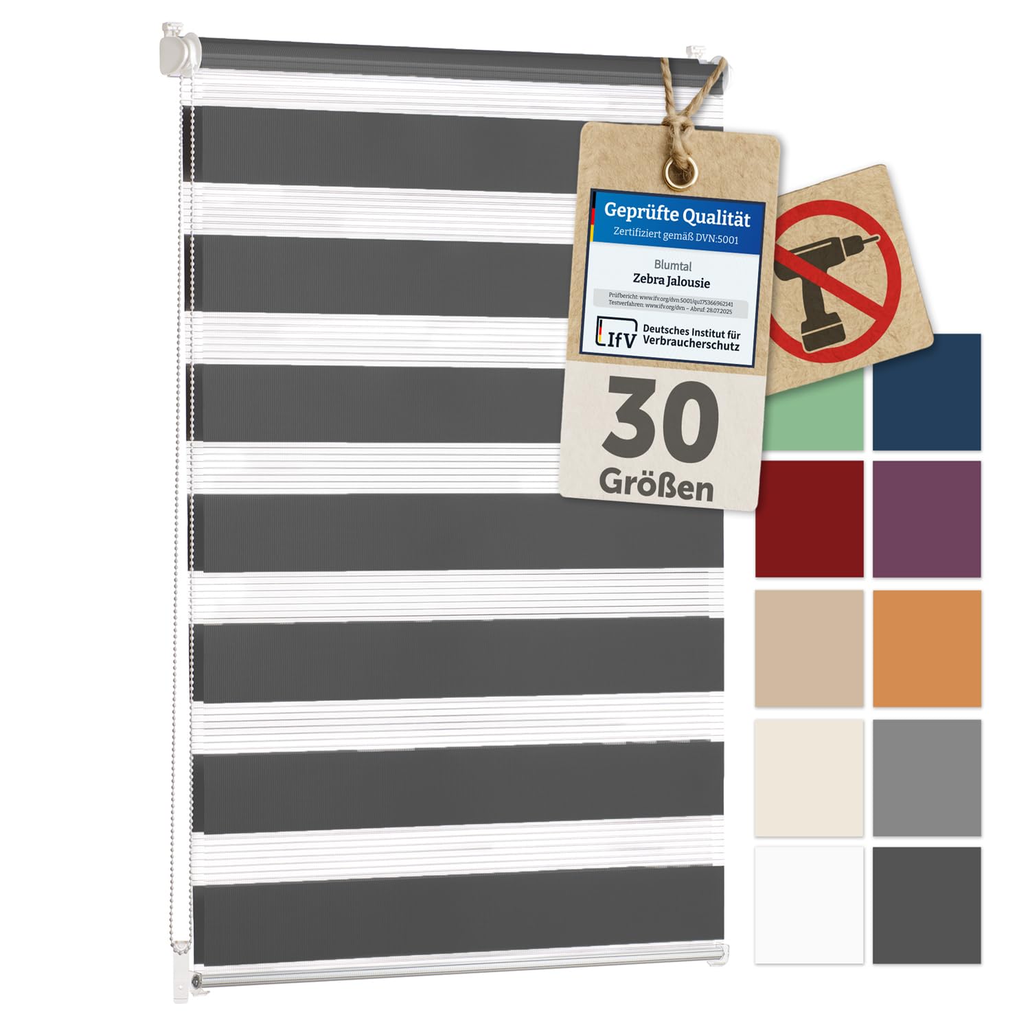 Blumtal Doppelrollo Klemmfix ohne Bohren 55x130 cm - individuell einstellbare Rollos für Fenster ohne Bohren - Fenster Rollos für Innen - leicht installierbare Jalousie Fensterrollo in Anthrazit