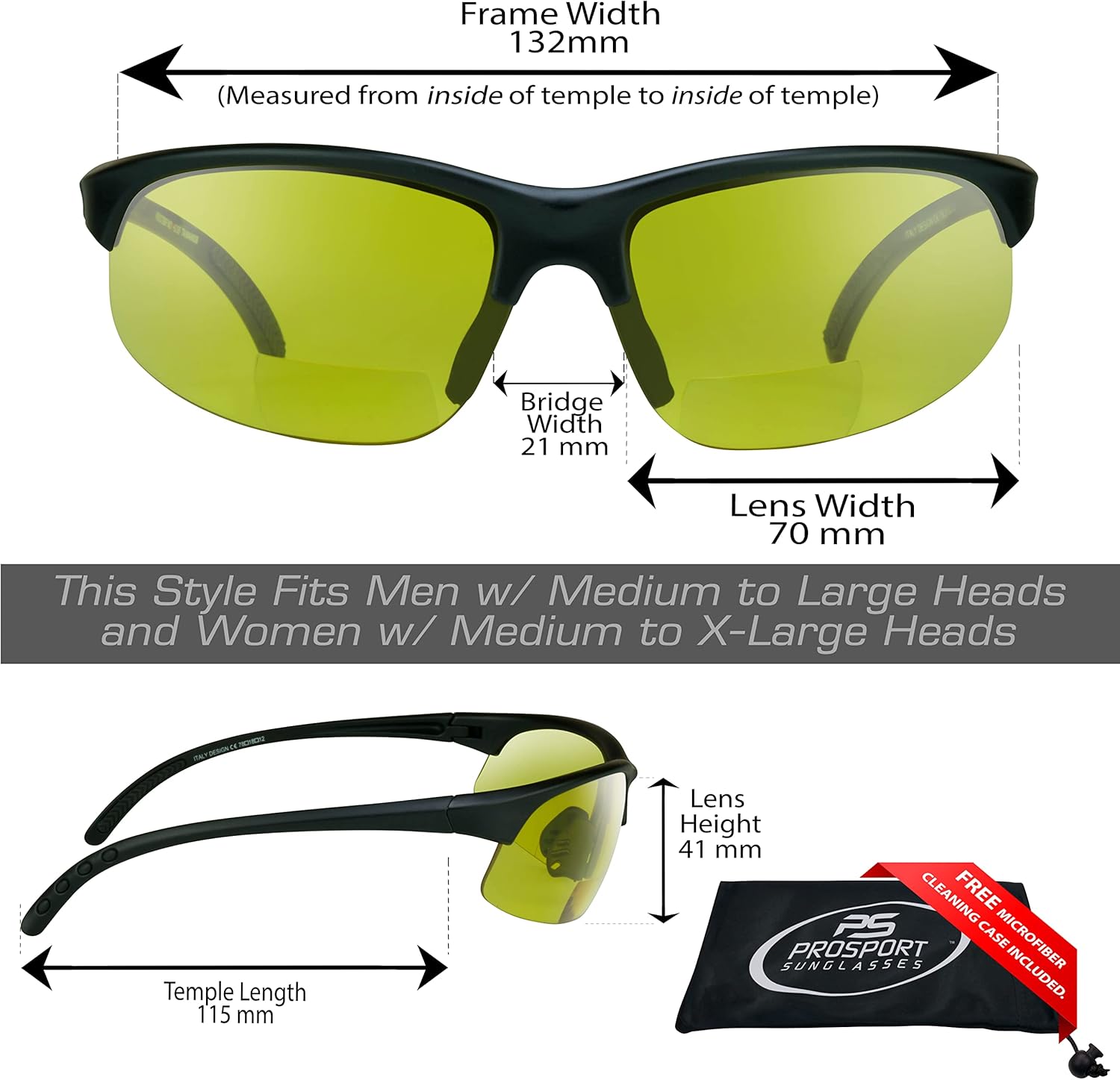 proSPORT Bifocal Reader Sunglass w/Strap Half Rim Sport Night Yellow, High Definition HD, Smoke or Brown Lenses