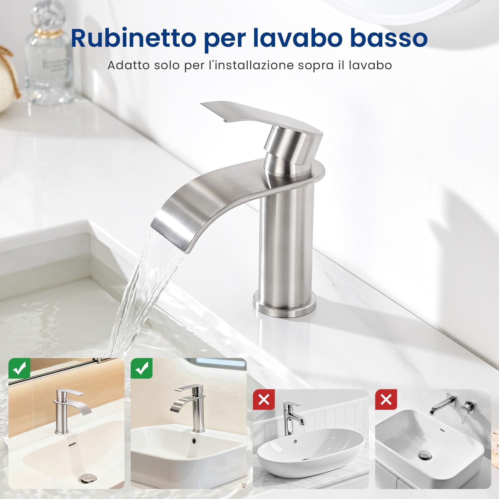 CECIPA Rubinetto Bagno Lavabo Spazzolato a Cascata, Miscelatore Lavabo con Becco Altezza 8,6cm, Rubinetto Lavandino Bagno in Acciaio Inox 304
