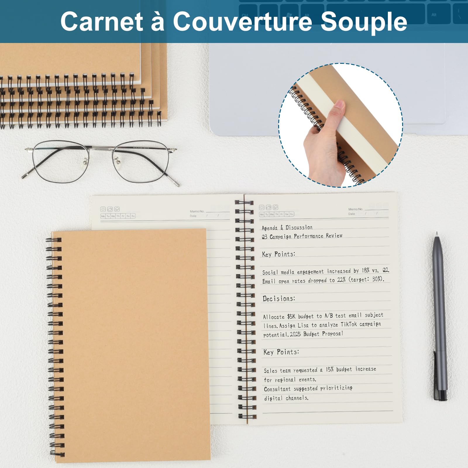 ZCZN A5 Cahier à Spirale Kraft 60 Feuillets par Bloc，Lot of 12 Blocs Carnet de Notes à Spirale Reliure Double Spirale，80 g/m²，Bloc Note Carnet Dessin，120 Pages Lignées Notebook