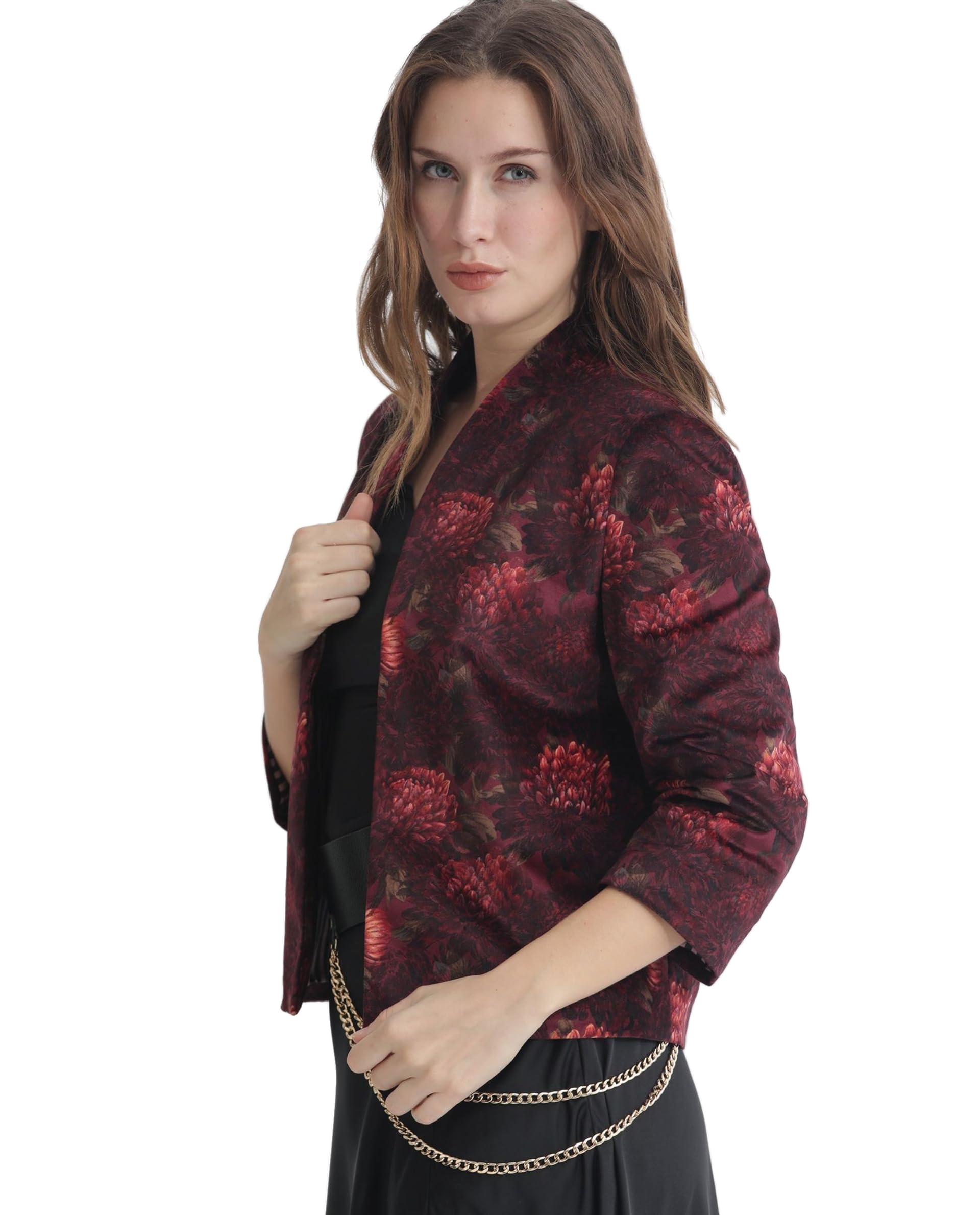 rareism Regular Cropped Maroon Floral Velvet Collarless 3/4 Sleeve Shrug-picture-55