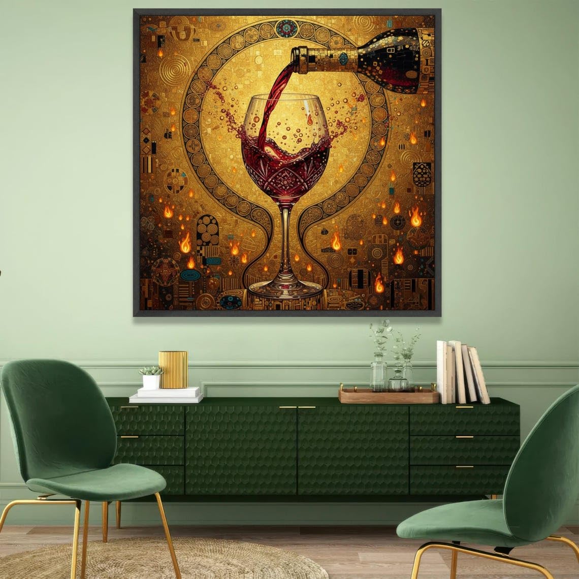 Leinwandbild mit Rotwein-Motiv, Kunst im Vintage-Stil, goldene Wanddekoration, abstraktes Weinglas-Gemälde, Leinwandbild für die Heimdekoration (30x30cm/Innenrahmen)