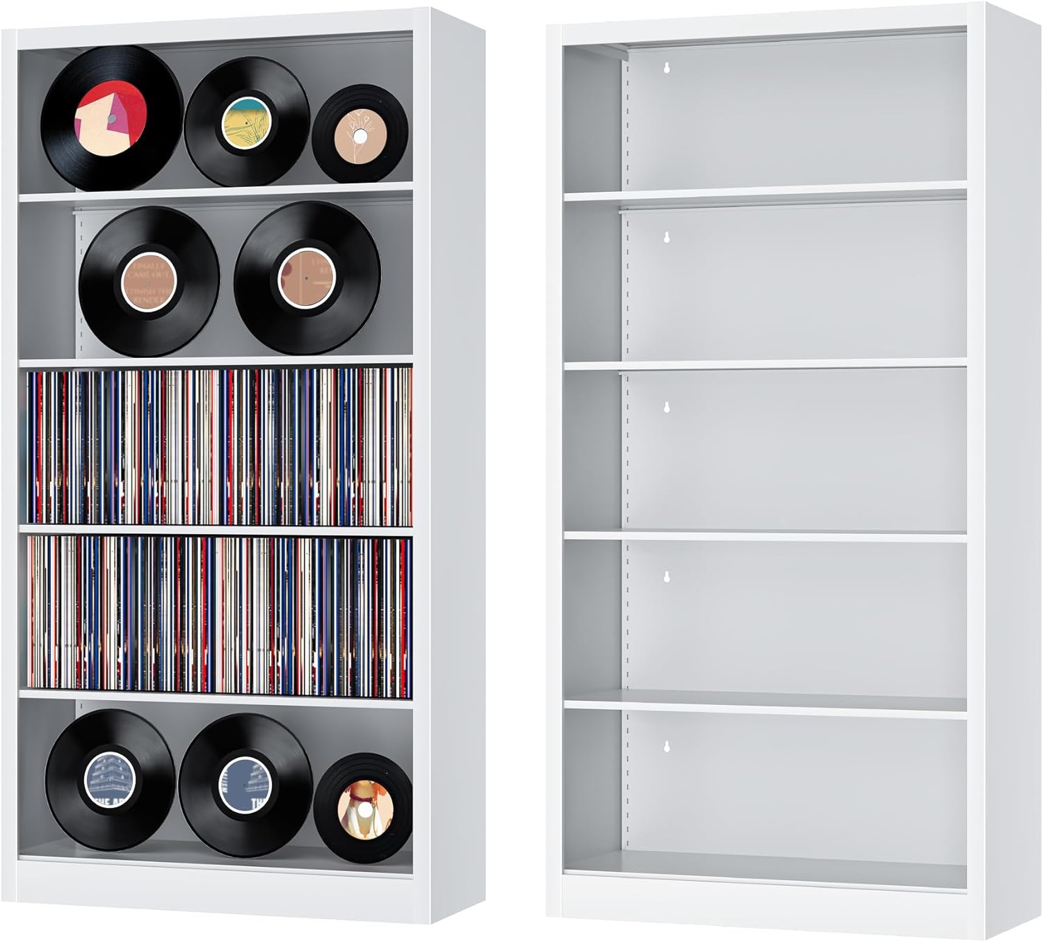 Vinyl Record Shelf Metal with Back Panel, 66" H×33.3" W×14" D, Adjustable 5-Tier Steel Rack – Heavy Duty Storage for Magazines, Books,Cd & Garage (White)