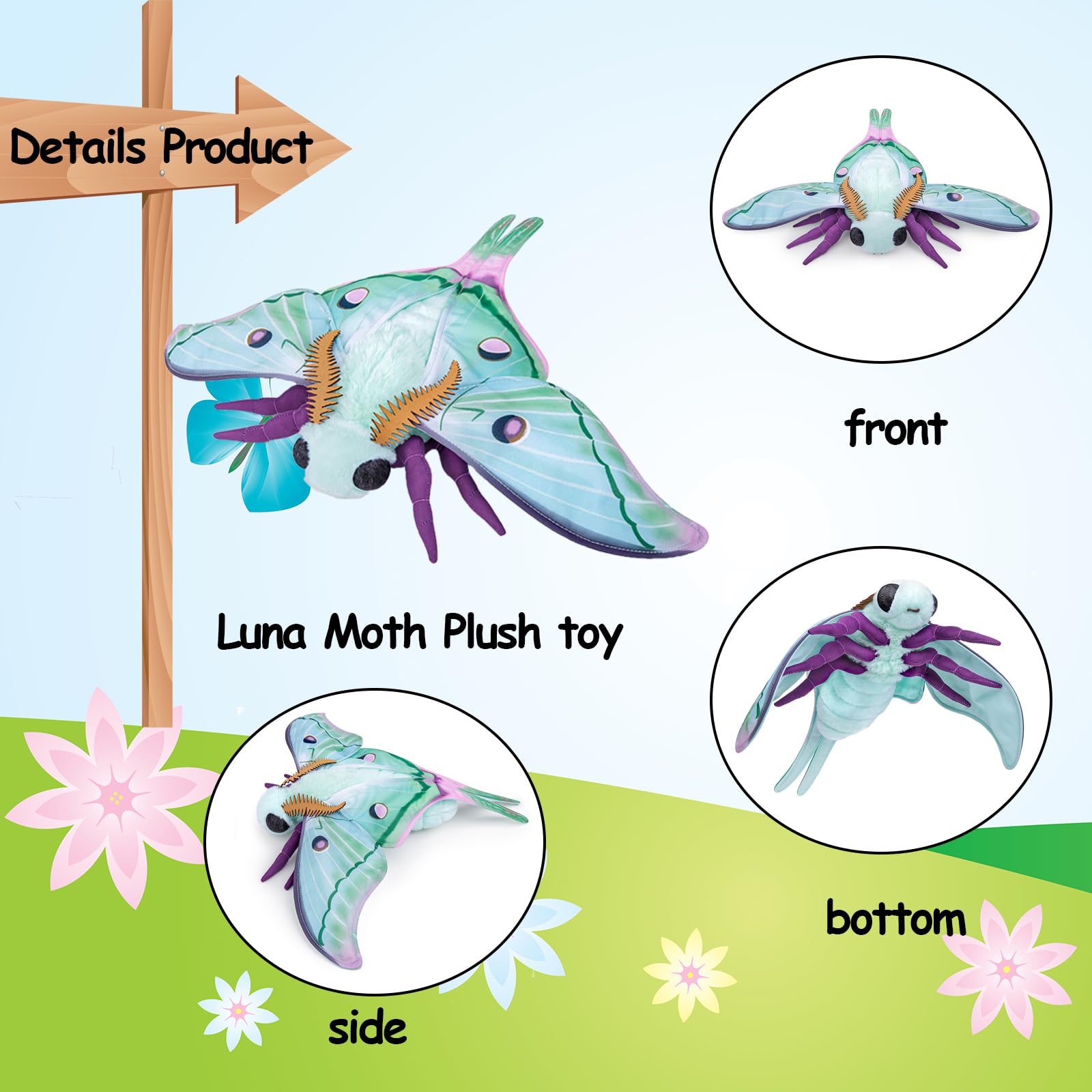 lilizzhoumax Simulation Luna Moth Plush Toy 14.96inch Soft Realistic Luna Moth Stuffed Animal Plush Toy for Kids Insect lovers Boys and Girls Gifts Home Decoration green — view 3