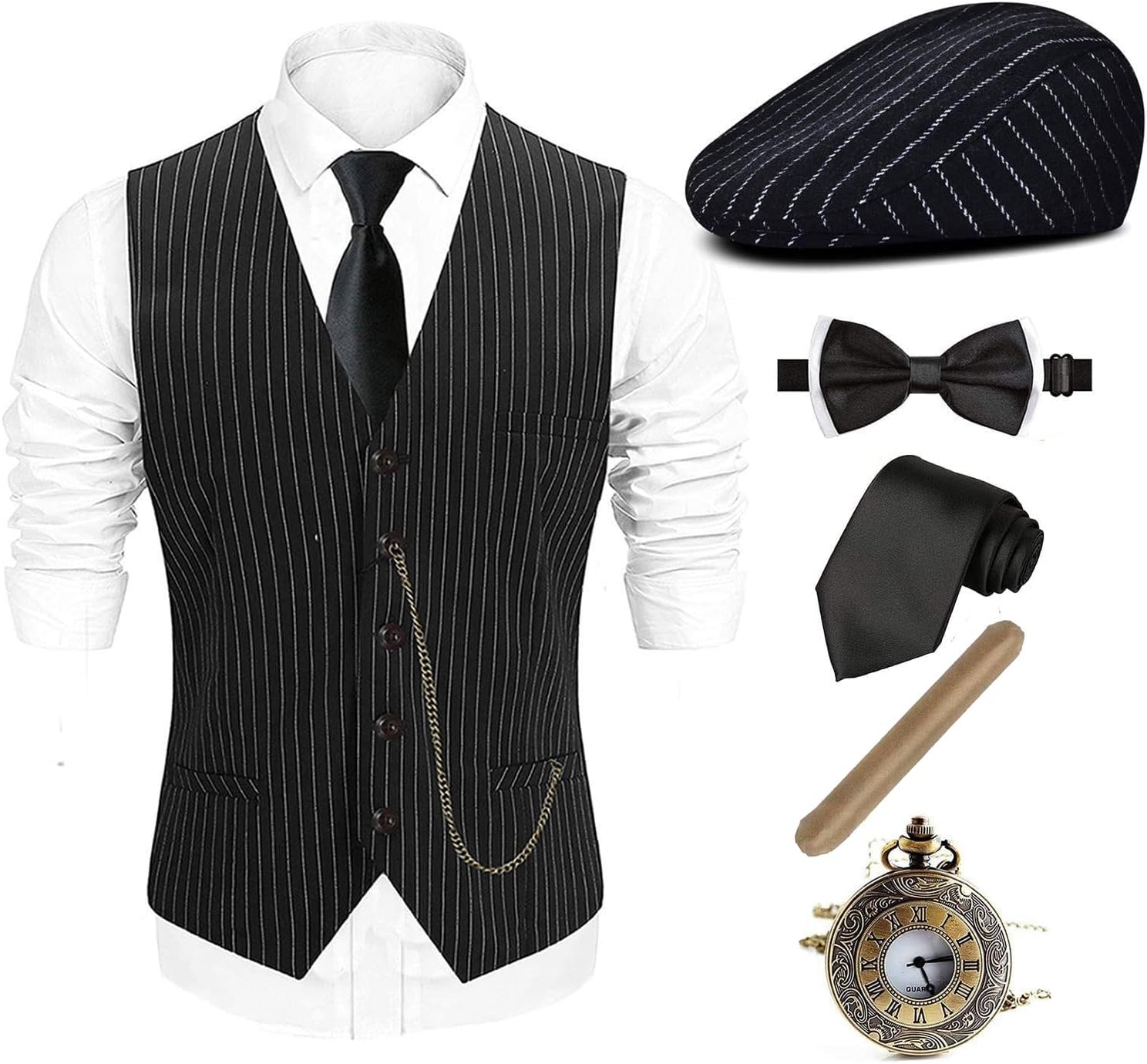 EFORLED 1920s Mens Costume Fedora Hat,Gatsby Gangster Vest,Vintage Pocket Watch,Pre Tied Bow Tie,Tie