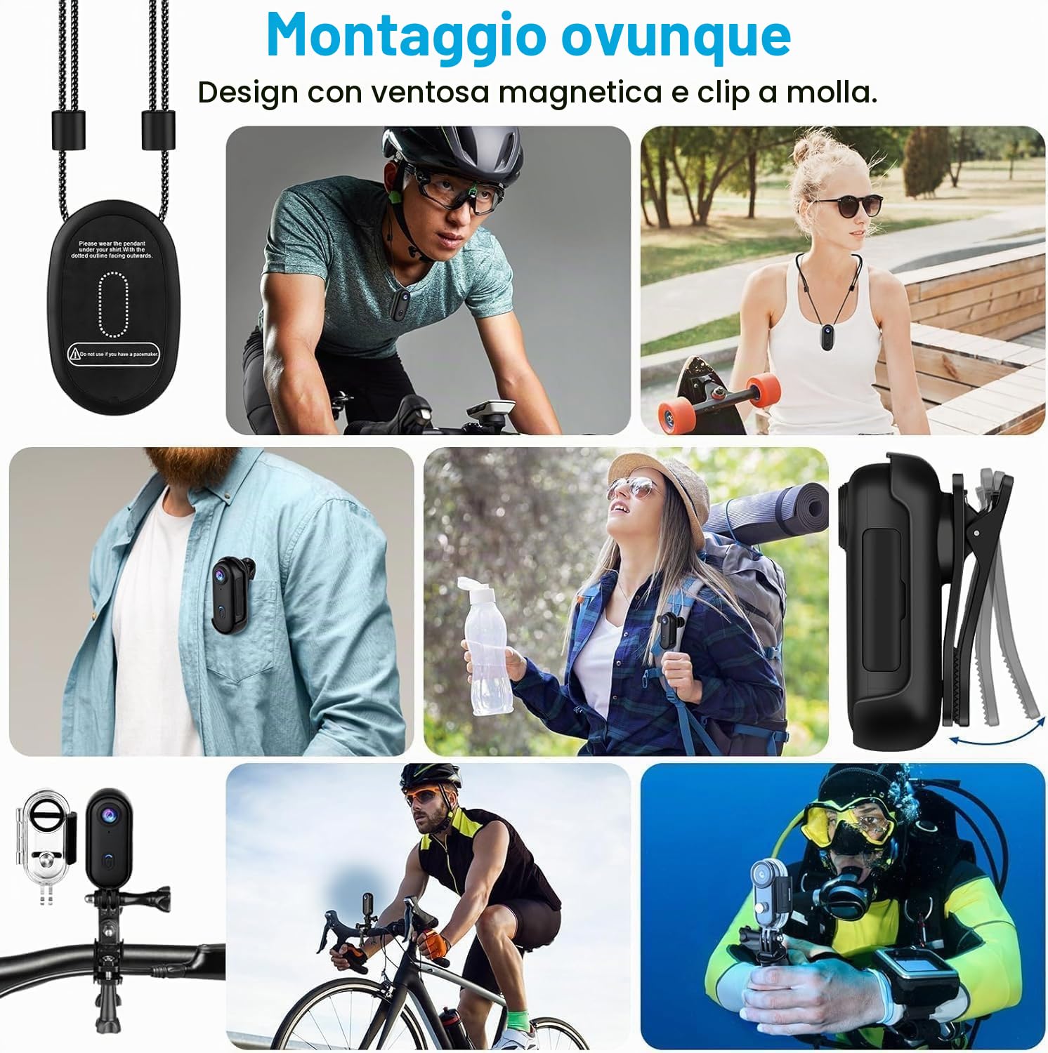Mini Camera Sport 4K Body Cam POV Action Camera 360 Gradi Rotante e Clip Magnetica impermeabile 170° Grandangolo Cam Portatile per Vlogging Velo Moto Registrazione Audio e Video, Accessorio Multi