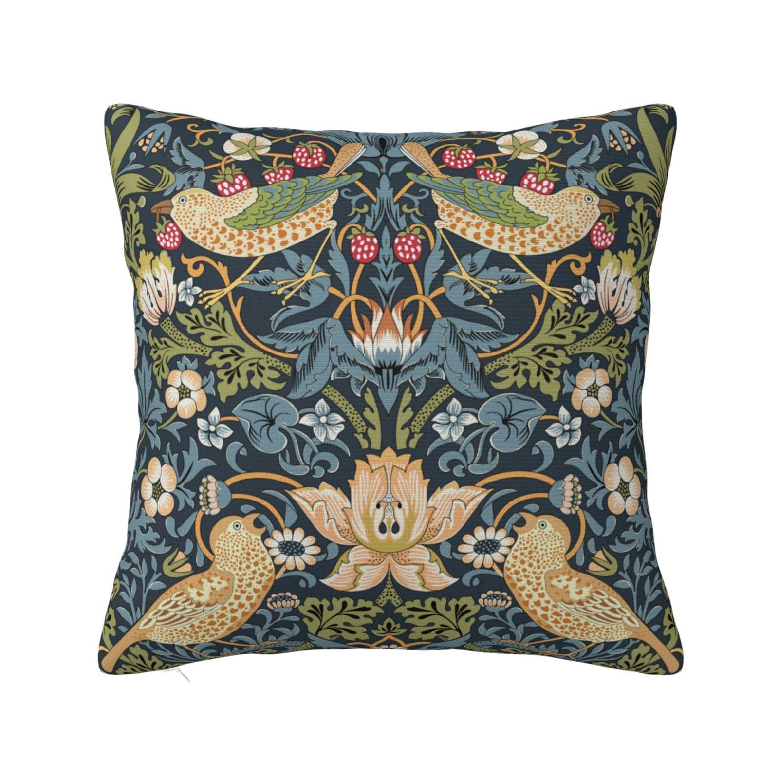 Keebik William Morris Strawberry Thief Throw Pillow Cover Soft Decorative Throw Pillowcases Cushion Case for Home Decor Living Room Bed Couch Car 16x16 Inch