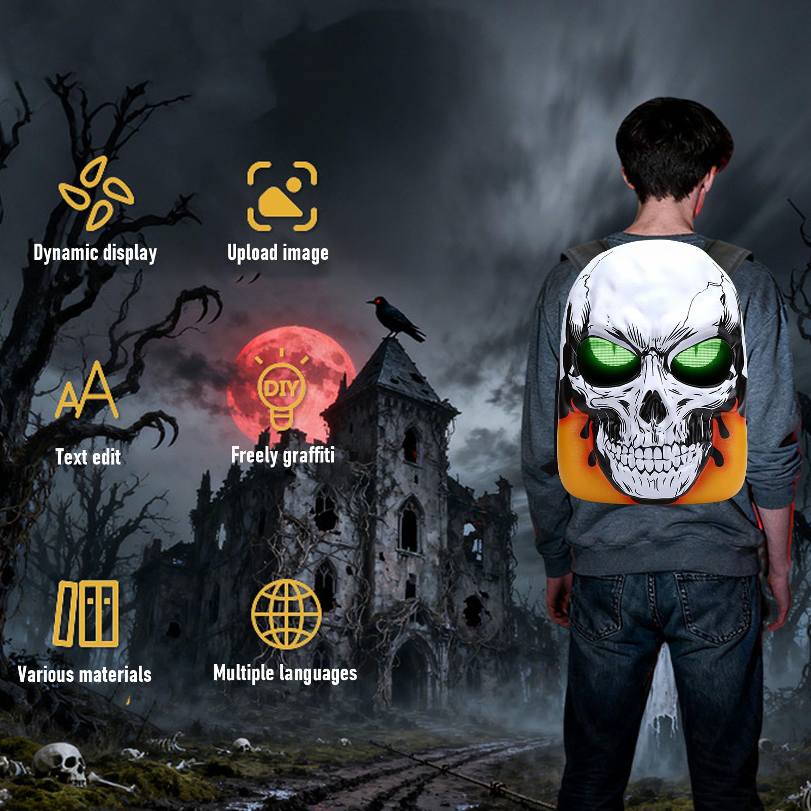 Plecak LED Skull z Konfigurowalnym Ekranem 20x32 |Spersonalizowana za pomocą Aplikacji ILEDEYES, Trwała i Pojemna do Laptopów, Zasilana Przez USB do Podróży, przyjęć i Jazdy na