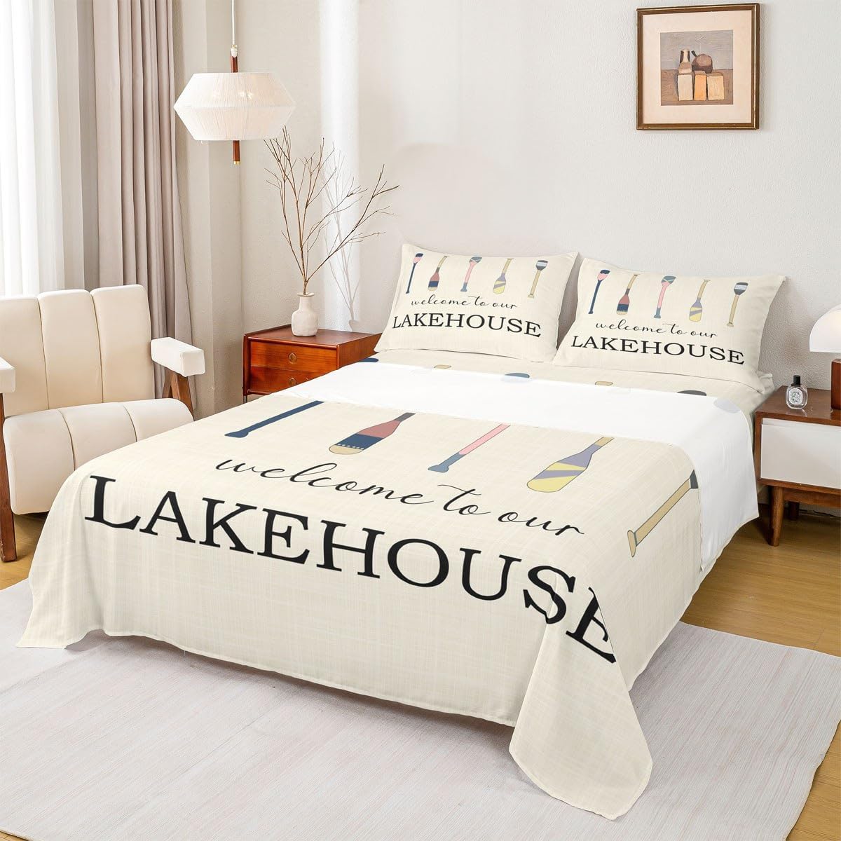 Lake House Life Sheet Set Queen Size Cartoon Boat Paddle Bedding Set 4pcs for Kids Teens Women Men Room Decor Lake Traveling Holiday Bed Sheet Lake Cabin Fitted + Flat Sheet,2 Pillowcases