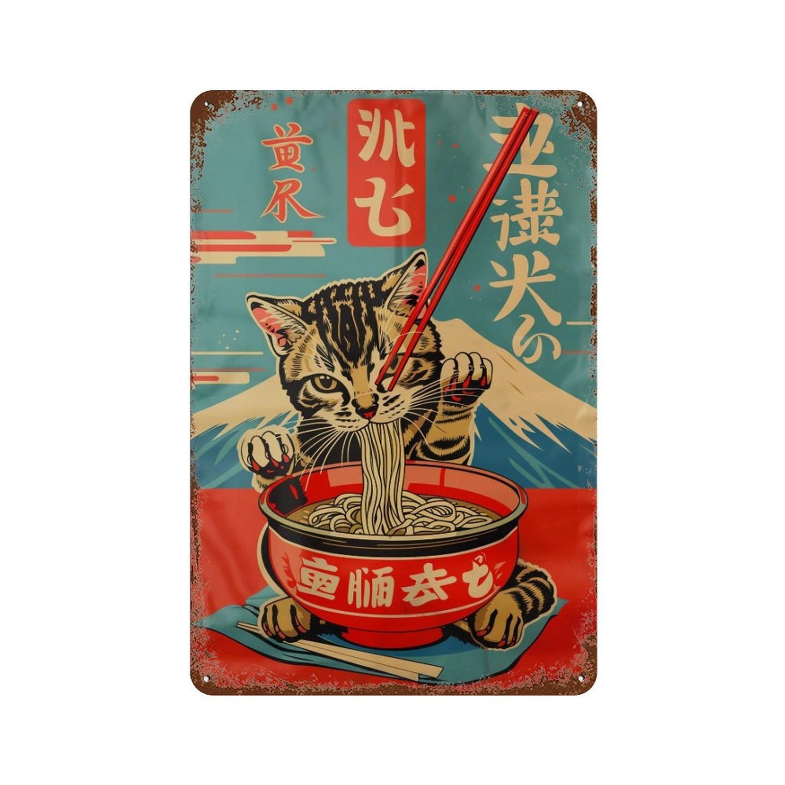 YHGERTKU Ramen Cat Woodblock 02 Wall Art Retro Iron Vintage Metal Tin Sign Poster Modern Decor for Living Rooms Gift 30x20cm