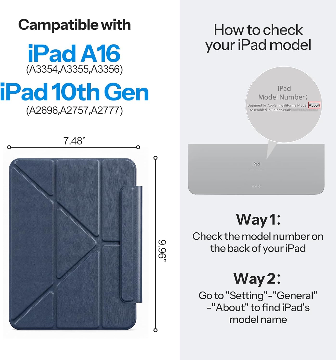 SPARIN Magnetic Case for iPad A16 11th/10th Gen (2025/2022), Origami Stand Cover with Auto Sleep/Wake, Multi-Angle Viewing, Hidden Pencil Holder, Ultra Slim Lightweight & Stable on Sofa/Bed-Navy Blue