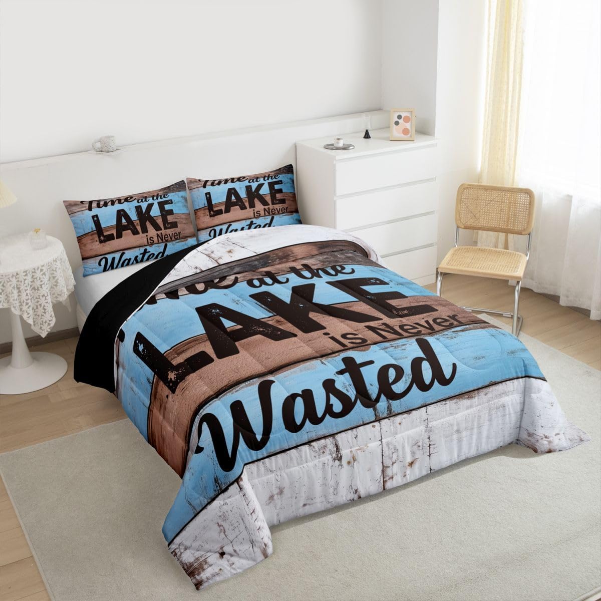 Lake Rules Comforter Set Full Size, Lake House Decor Bedding Comforter Sets Rustic Wooden Barn Duvet Insert Vintage Country Camping House Quilted Duvet Lake House Decor For The Home, Brown Blue