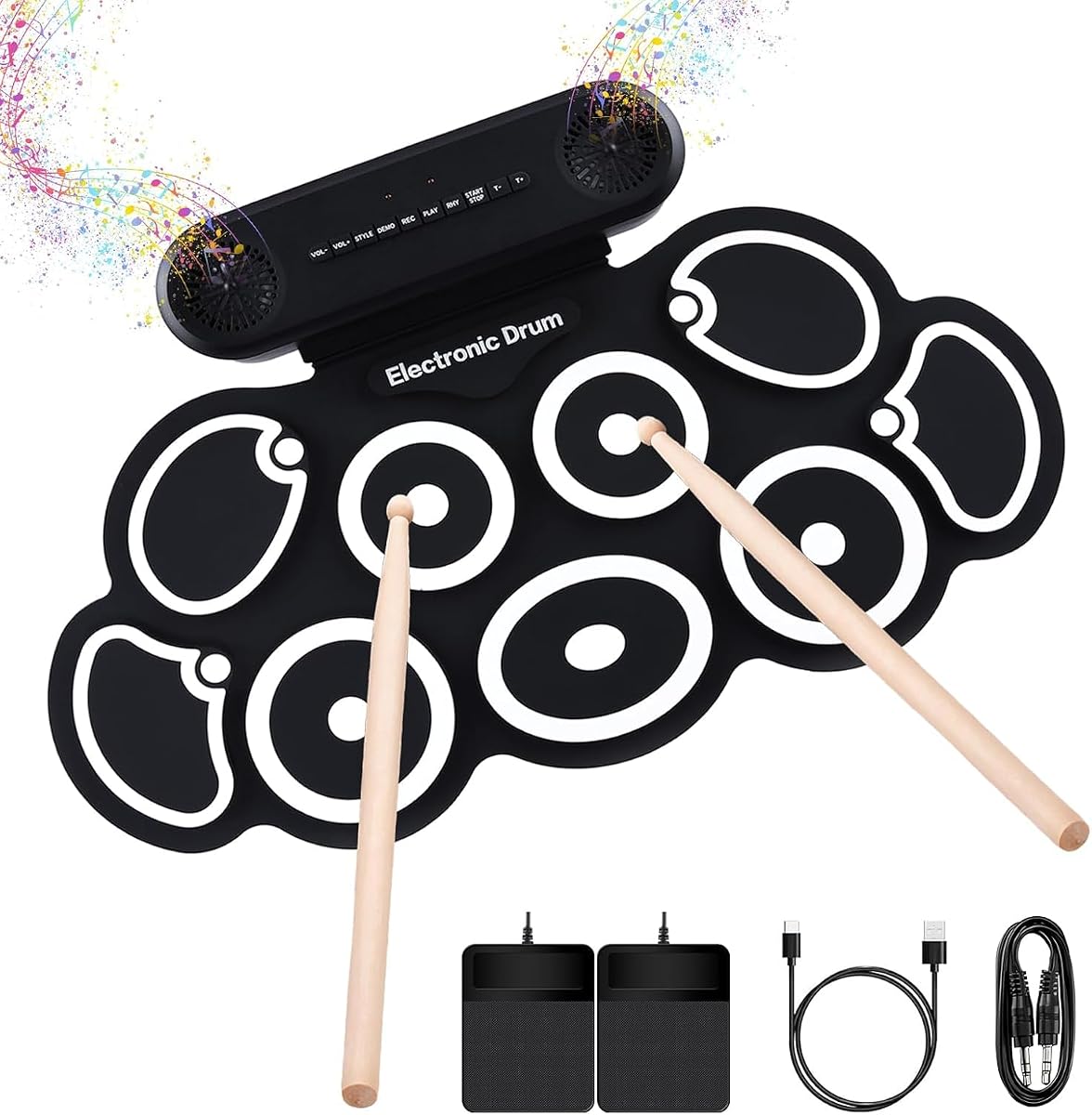 Electronic Drum Set, 9-Pads Roll-Up Electric Drum Pad Kit with Headphone Jack 10Hrs Playtime Built-in Speaker with Drumsticks Pedals, Xmas Birthday Gift for Adults,Student (Black)