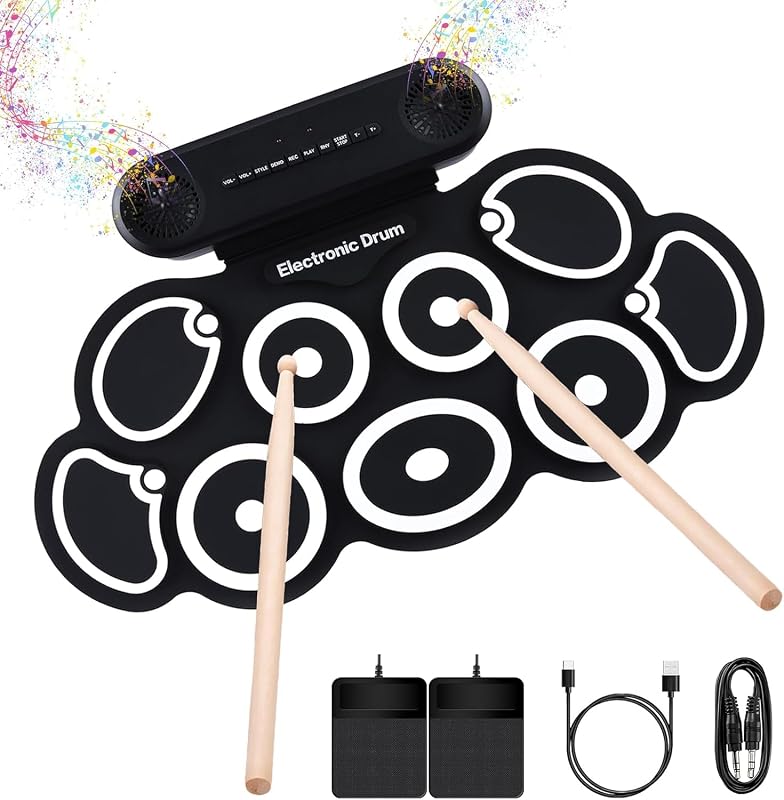 Electronic Drum Set, 9-Pads Roll-Up Electric Drum Pad Kit with Headphone Jack 10Hrs Playtime Built-in Speaker with Drumsticks Pedals, Xmas Birthday Gift for Adults,Student (Black)