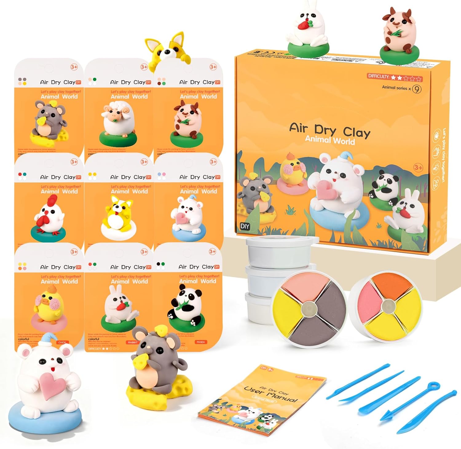 GONINO Air Dry Clay Kit for Kids: 9 Animals Model Magic Clay with Tools & Tutorials, Ultra Light Soft Non-Toxic Set for Arts Crafts Gifts Boys Girls