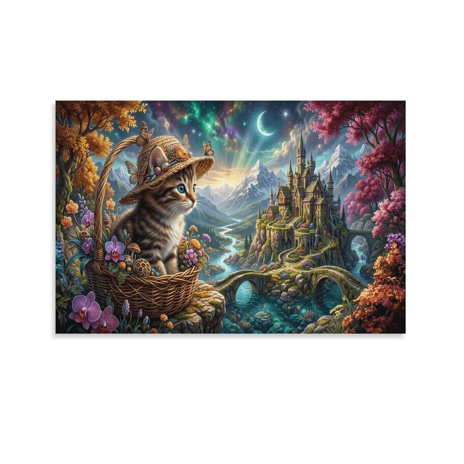 XPASHIQWC Straw‑Hat Kitten Poster Artwork Starry Castle Giclee Canvas Prints Modern Wall Art Picture Wall Hanging for Office Gym Living Room Decor 20x30inch(50x75cm)