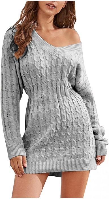 V-Neck Knitted Dress Sweater Dress 