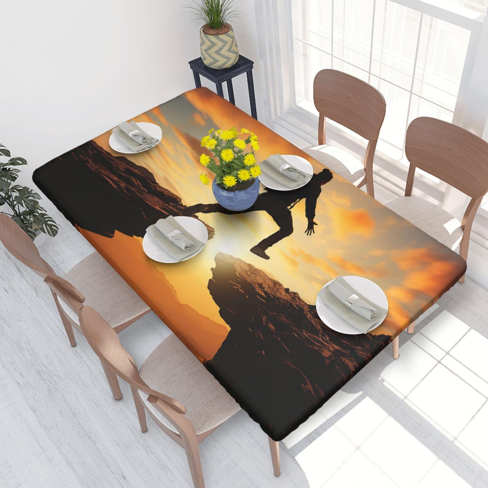 Rock Jump Waterproof Square Table Cover Elastic Fitted Tablecloth Oil Proof Table Protector For 4ft Table