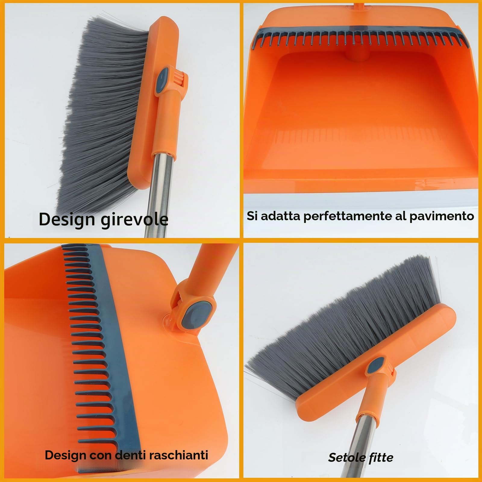 Set di scopa e paletta con denti pettinati Scopa verticale antivento con manico lungo per pulizia domestica e spazzare (arancione)