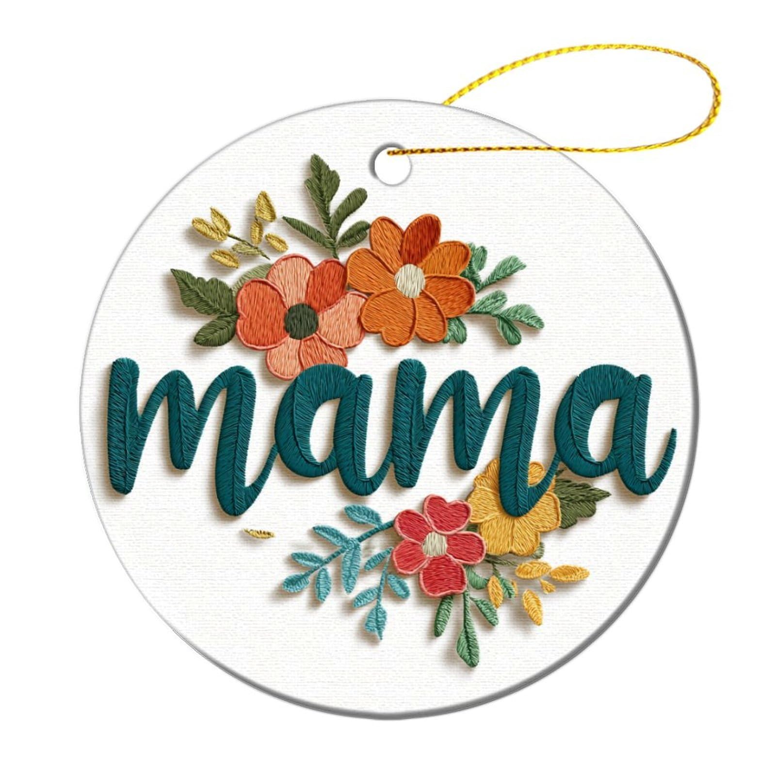Word Mama in Embroidered with Flowers Christmas Tree Hanging Ornaments,2 Pieces, 7.2CM Round Double-Sided