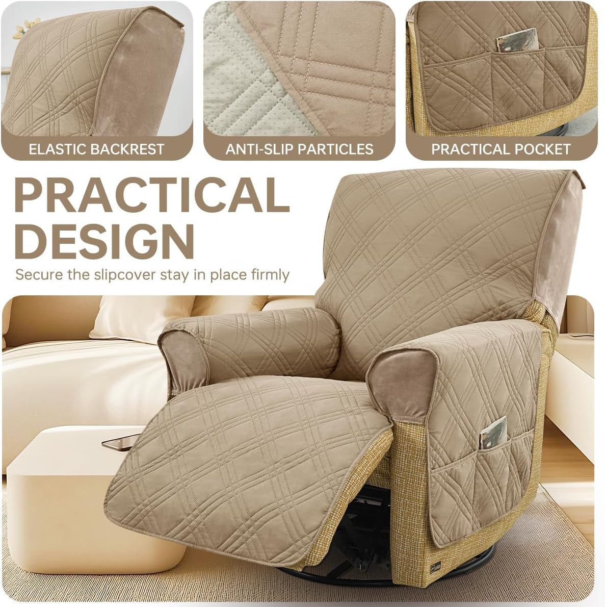 100% Waterproof Recliner Chair Covers,1-Piece Couch Covers for Reclining Chair/Sofa Covers Washable Furniture Protector with Elastic Straps Pocket for Kids, Pets (Khaki)