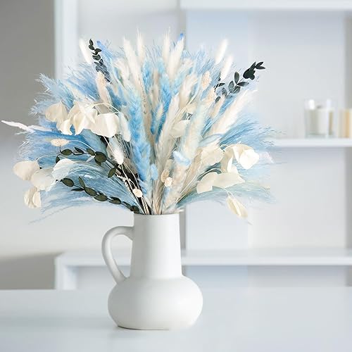 N&T NETING - 101 piezas de hierba de pampa azul seca natural, hierba de pampa, color azul claro, bohemio, decoración del hogar, flores de pampa
